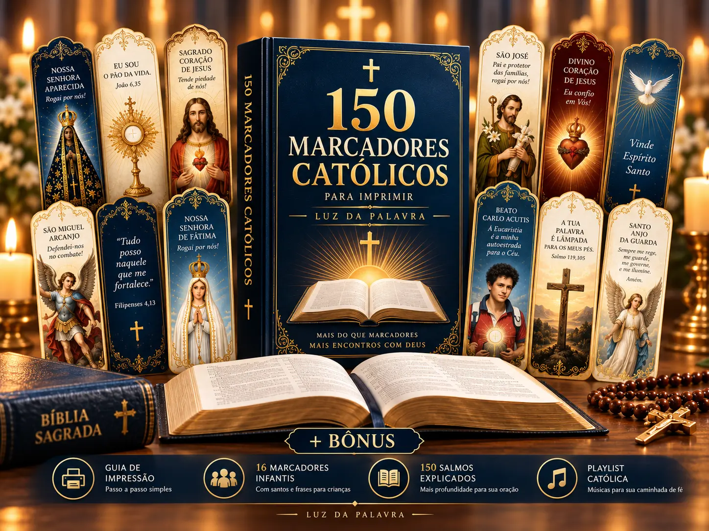 Coleção Luz da Palavra com 150 marcadores católicos, Bíblia aberta e quatro bônus
