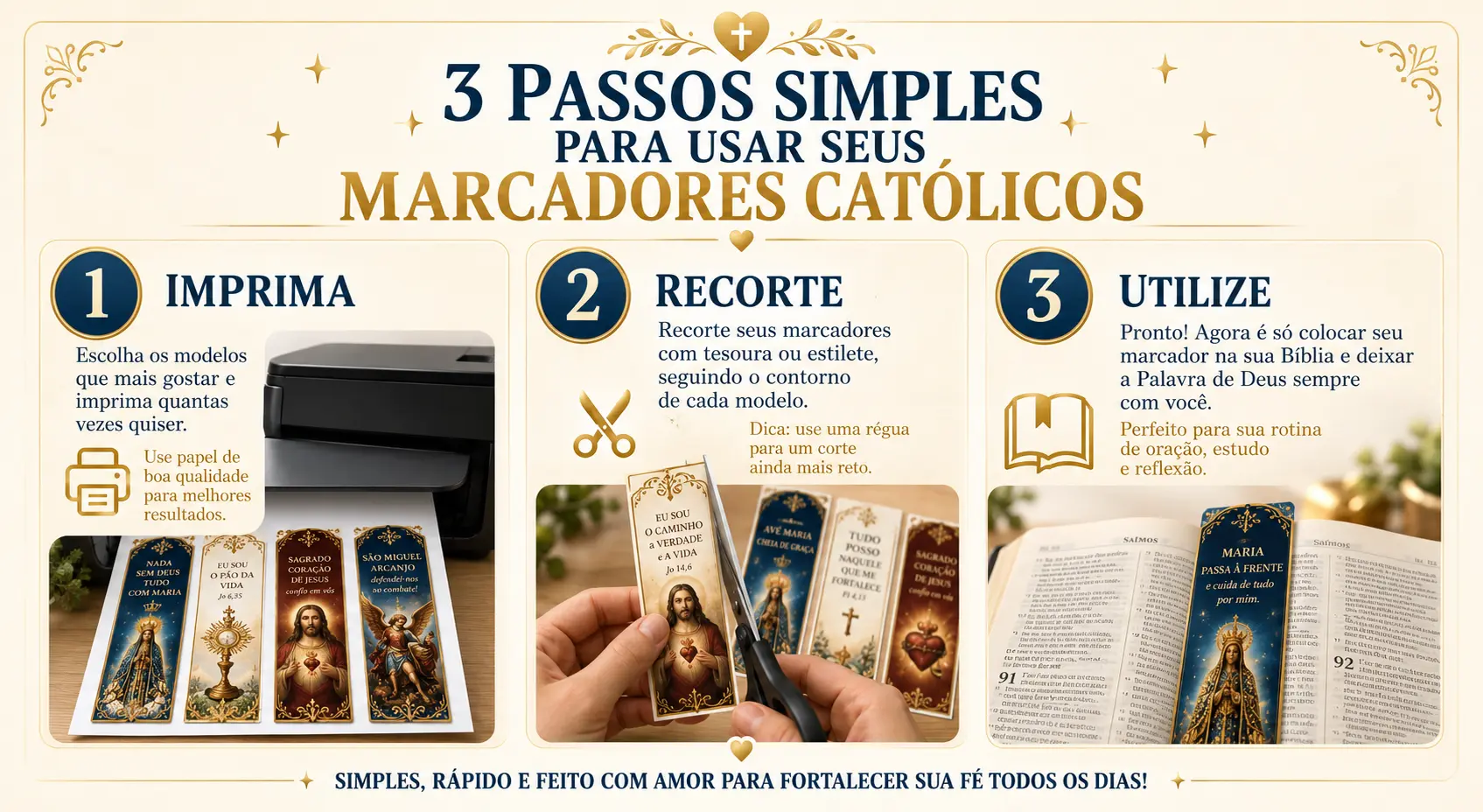 Três passos para imprimir, recortar e utilizar os marcadores católicos