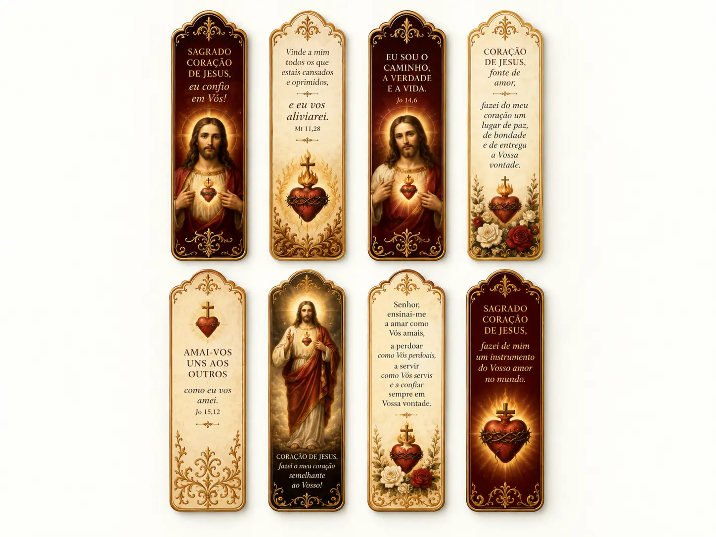 Oito marcadores de Jesus e do Sagrado Coração em vinho, creme e dourado