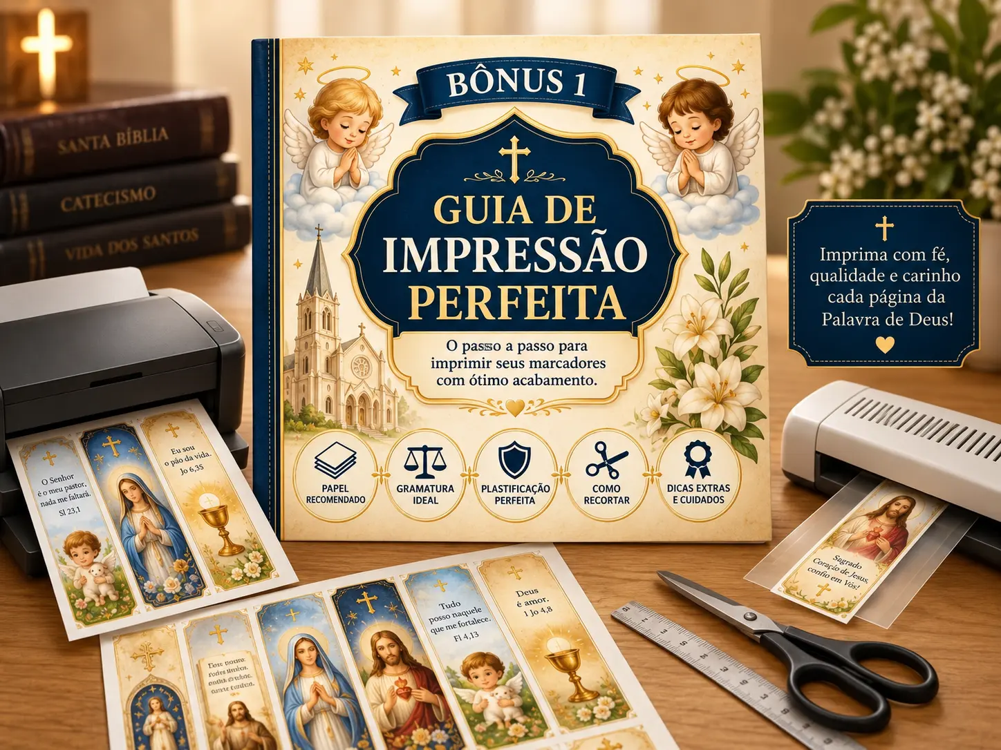 Bônus 1, Guia de Impressão Perfeita com papel, gramatura, plastificação, recorte e cuidados