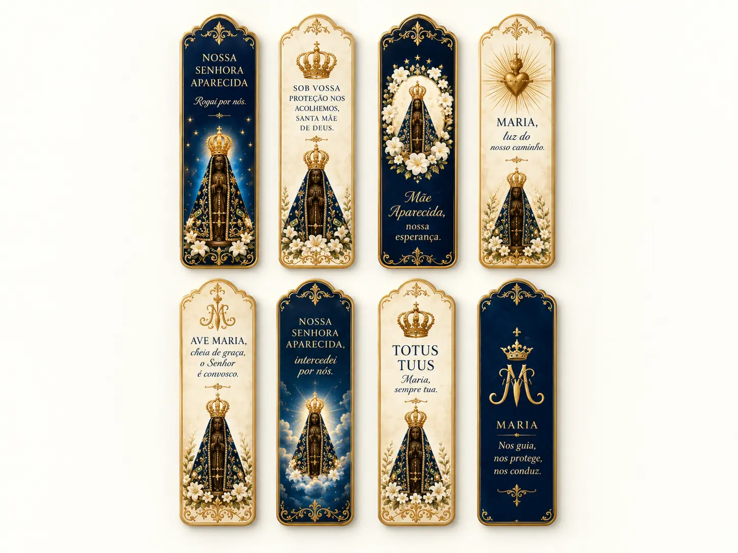 Oito marcadores marianos de Nossa Senhora Aparecida em azul-marinho, creme e dourado