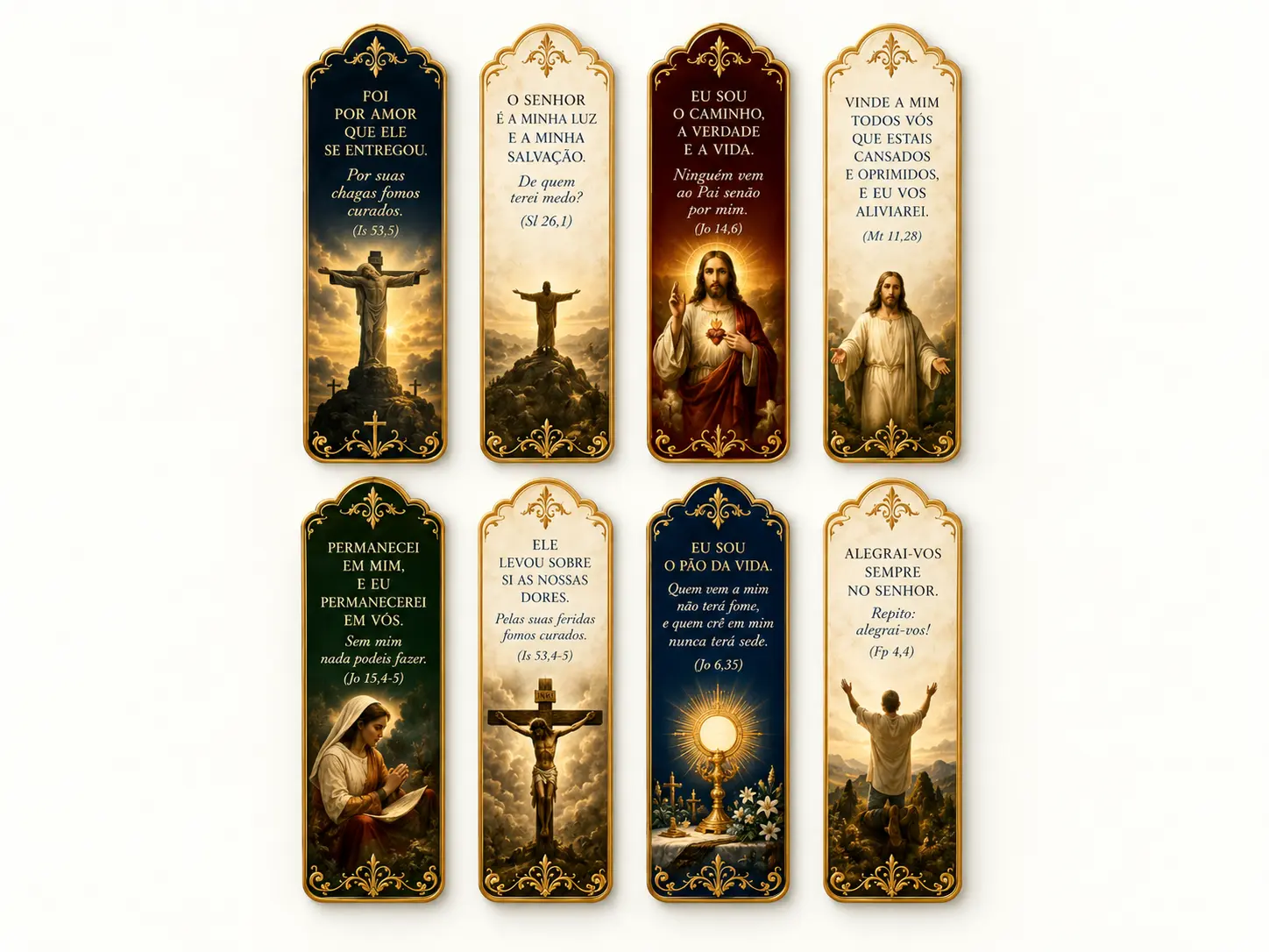 Oito marcadores de Cristo com versículos, cruz, Eucaristia e oração